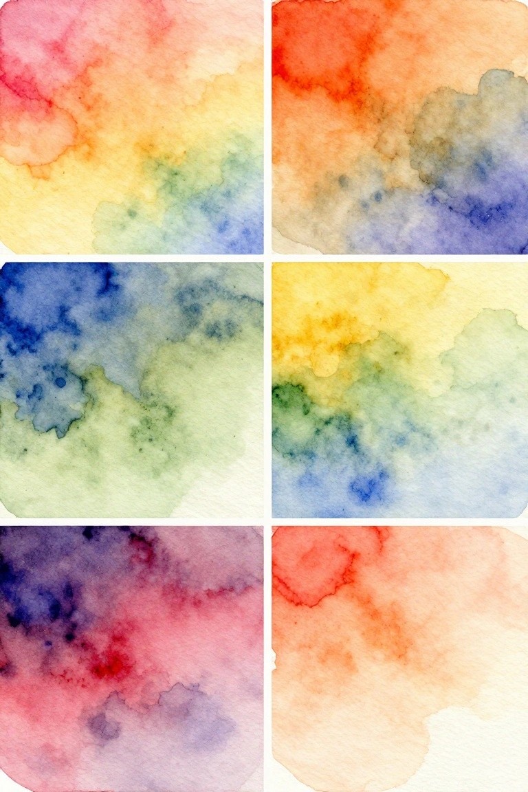 Six abstract watercolor panels in a grid with vibrant blended hues.