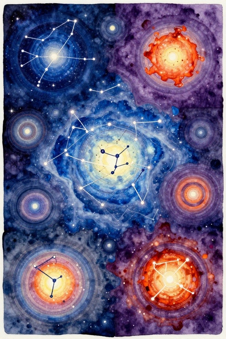 Celestial watercolor art with star constellations, swirling nebulae, and fiery orange orbs.