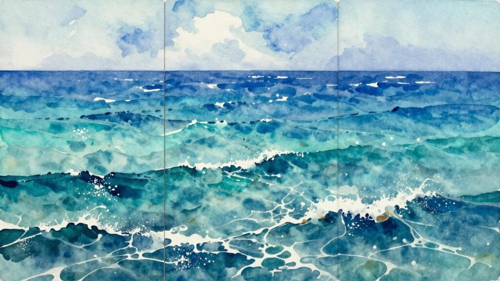 Watercolor seascape of turquoise waves with white foam nearing a sandy shore
