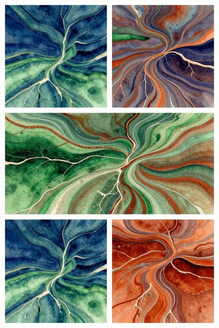 Five abstract paintings arranged in a grid with branching white lines over blended blue, green, and orange washes.