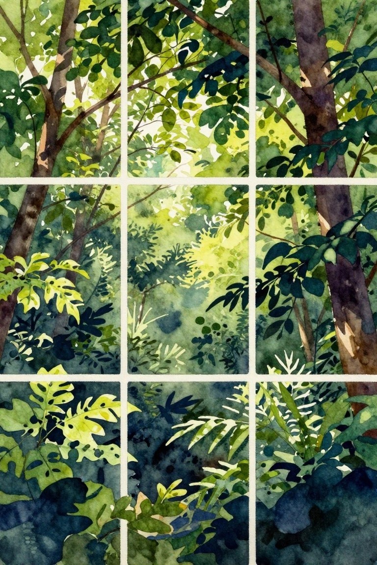 Grid of nine watercolor panels showing lush green forest foliage and trees