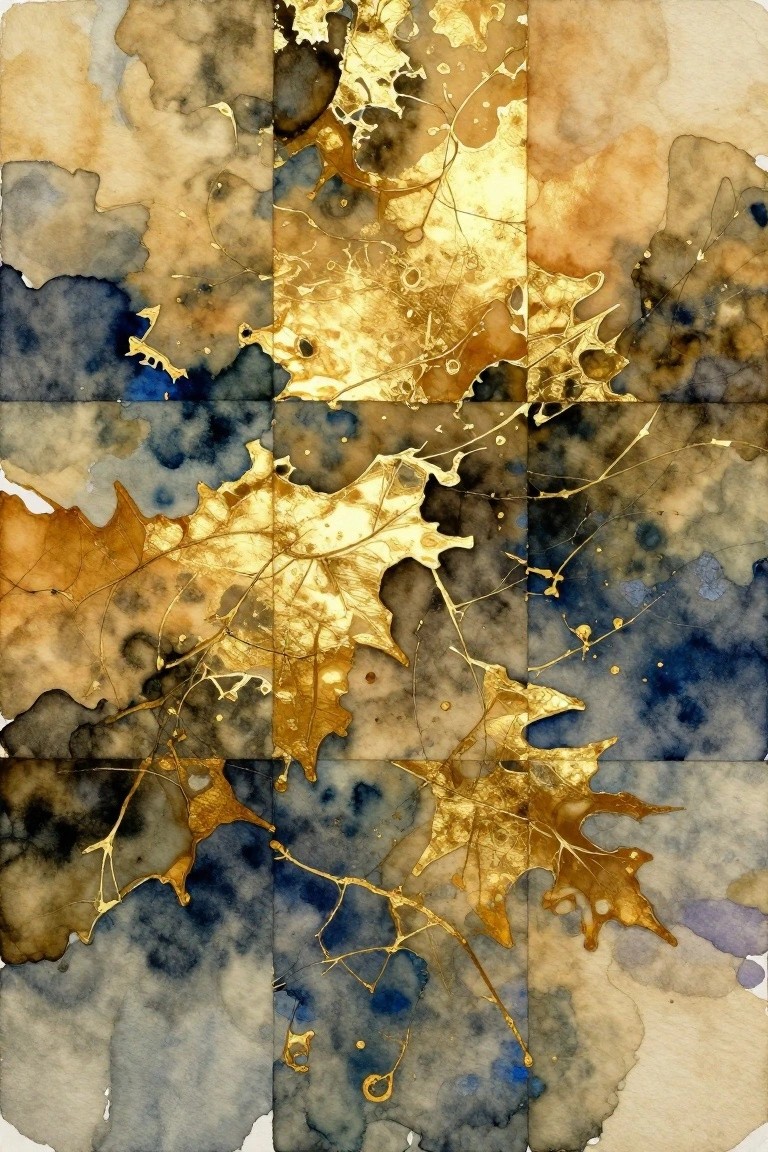 A grid of watercolor panels showing blue and brown washes with gold accents forming abstract leaf shapes across multiple sections.