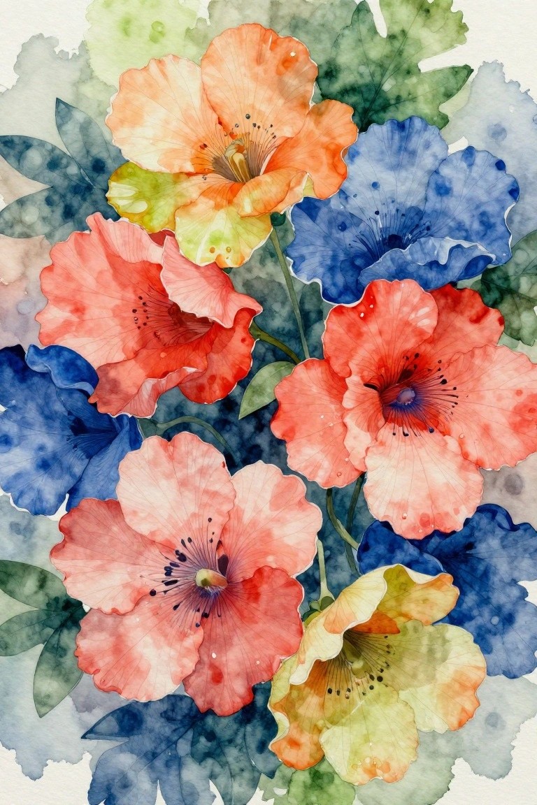 A watercolor-style painting of overlapping red, orange, and blue flowers with green leaves on a light background.