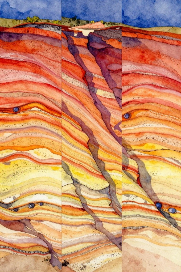 Vibrant watercolor triptych of layered rock strata with blue eyes and faults.
