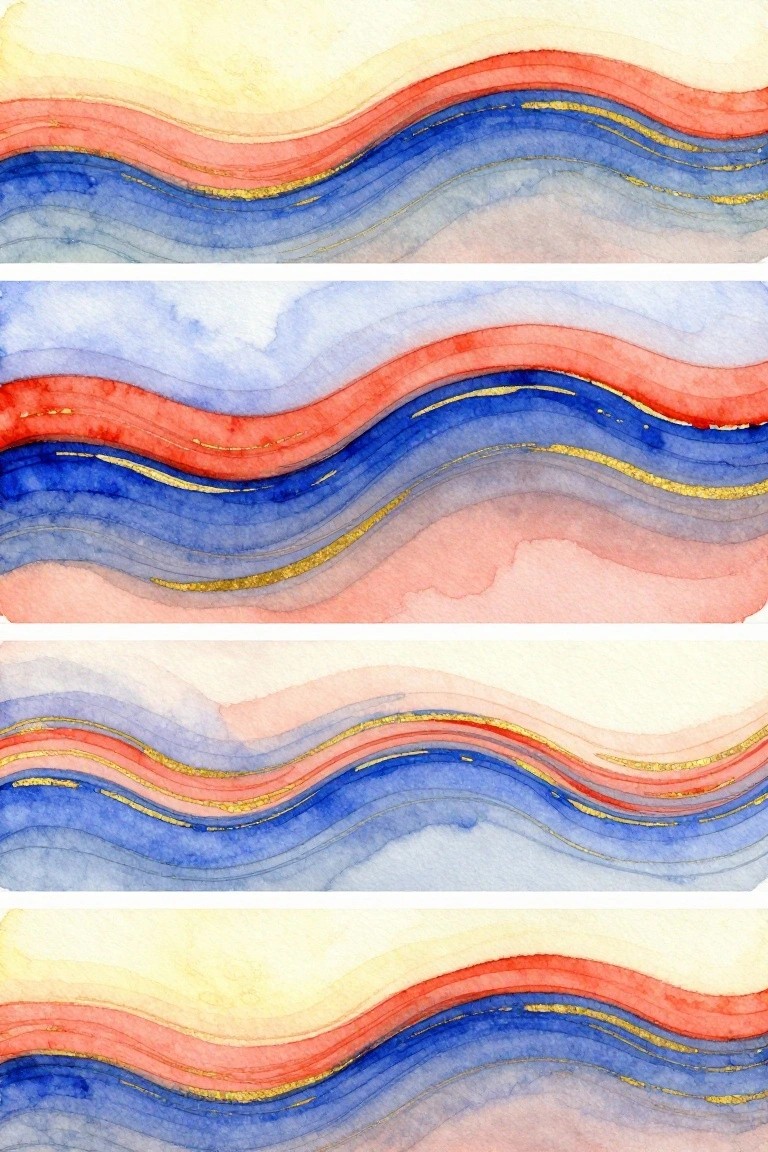 Abstract watercolor waves in red, blue, pink with gold accents across four panels.