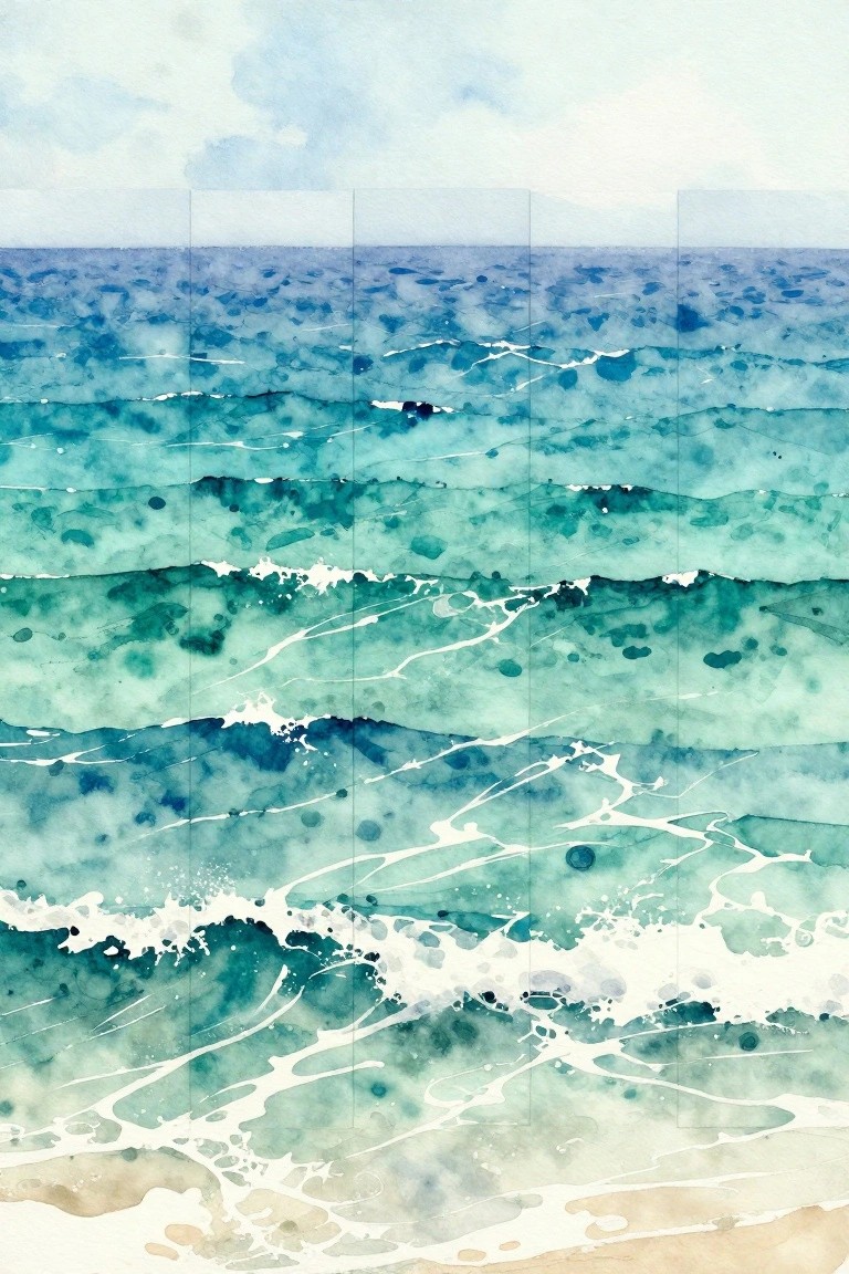 Watercolor seascape of turquoise waves with white foam nearing a sandy shore