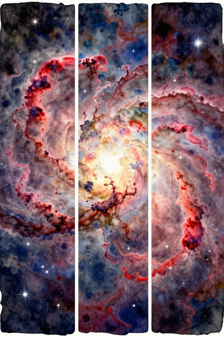 Vertical triptych of swirling cosmic nebulae in vibrant reds, blues, and yellows with stars.