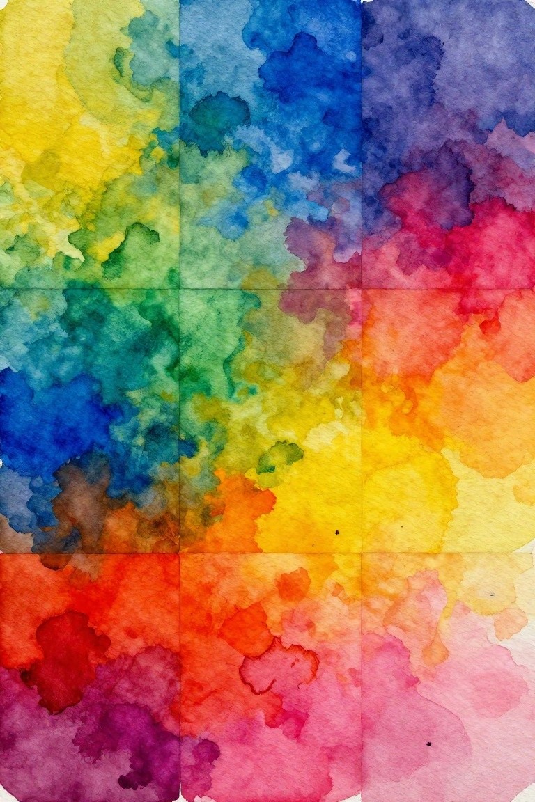 Vibrant watercolor grid with blended rainbow colors transitioning across panels