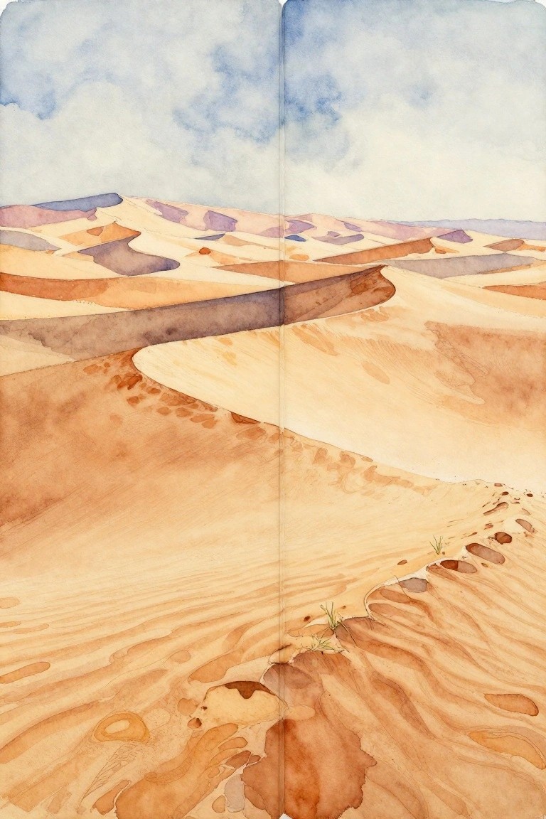 Open sketchbook with watercolor of rolling desert sand dunes under blue sky.