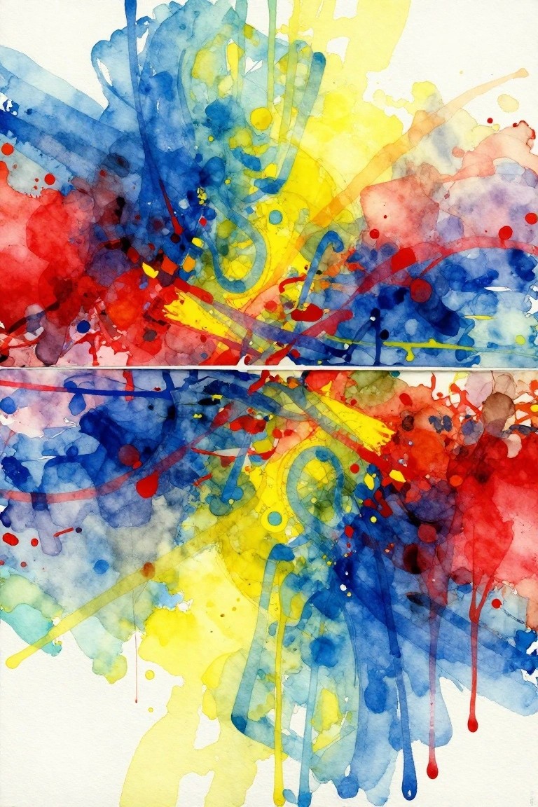 Abstract watercolor with vibrant blue, red, yellow splashes and drips in two panels