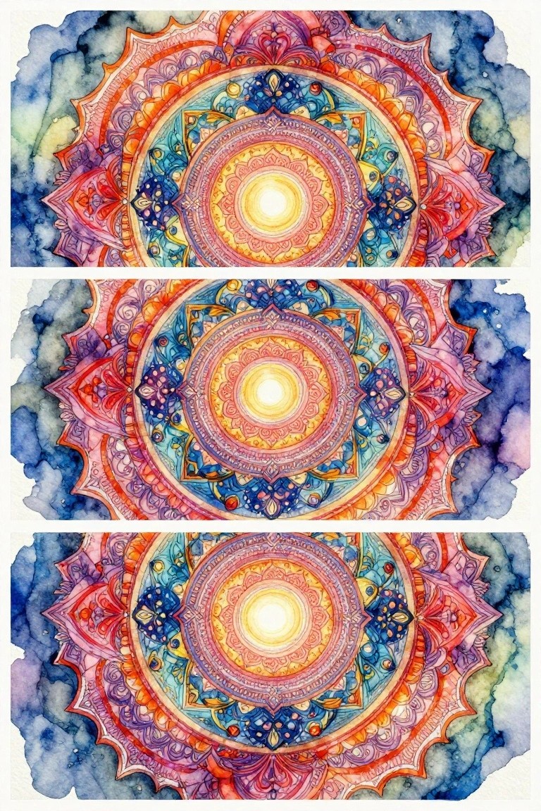 Three stacked vibrant watercolor mandalas with intricate patterns and glowing centers