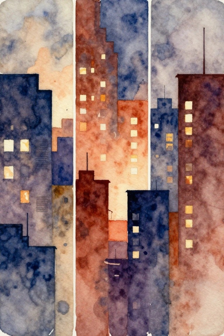 Abstract watercolor cityscape of tall buildings in blue and orange with glowing windows.