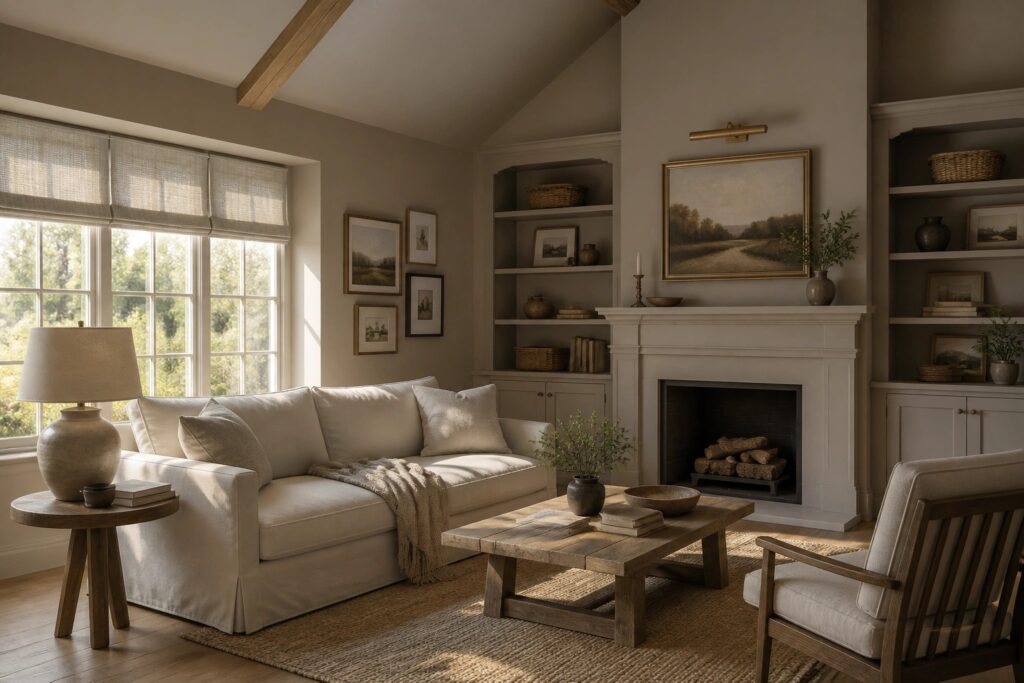 18 Dreamy Neutral Living Room Paint Colors Built Around Warmth, Texture, and Soft Contrast Living room walls painted in a soft warm greige.