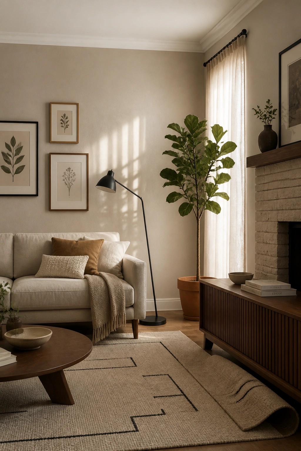Living room walls painted in a soft warm greige.