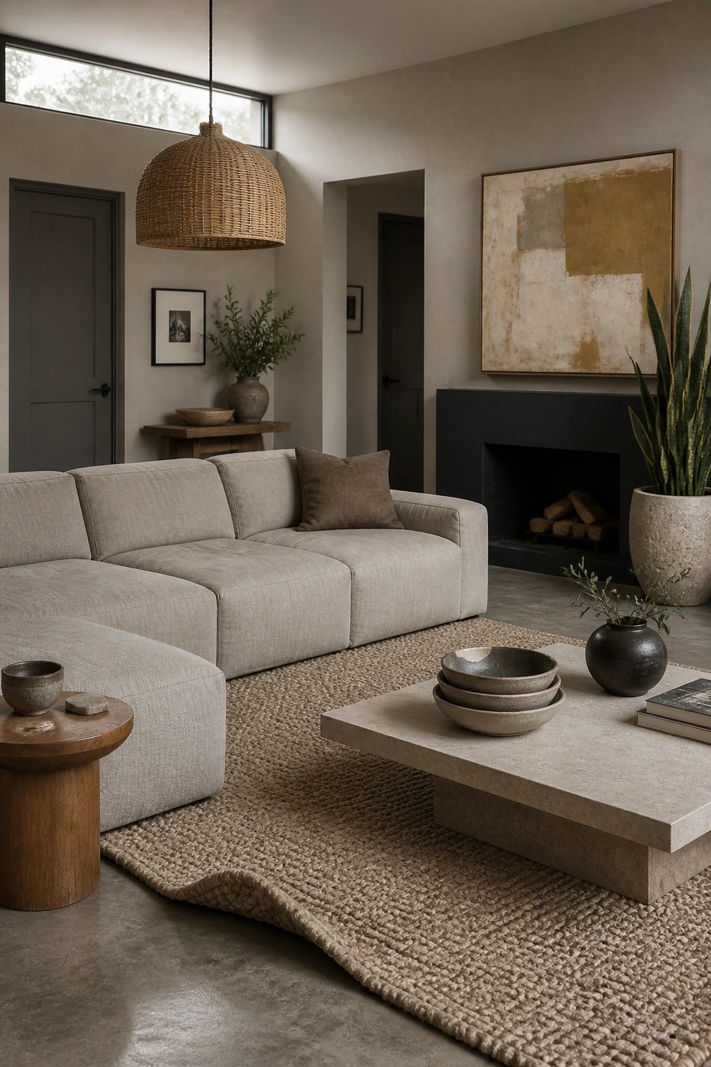 Living room walls painted in a soft warm greige.