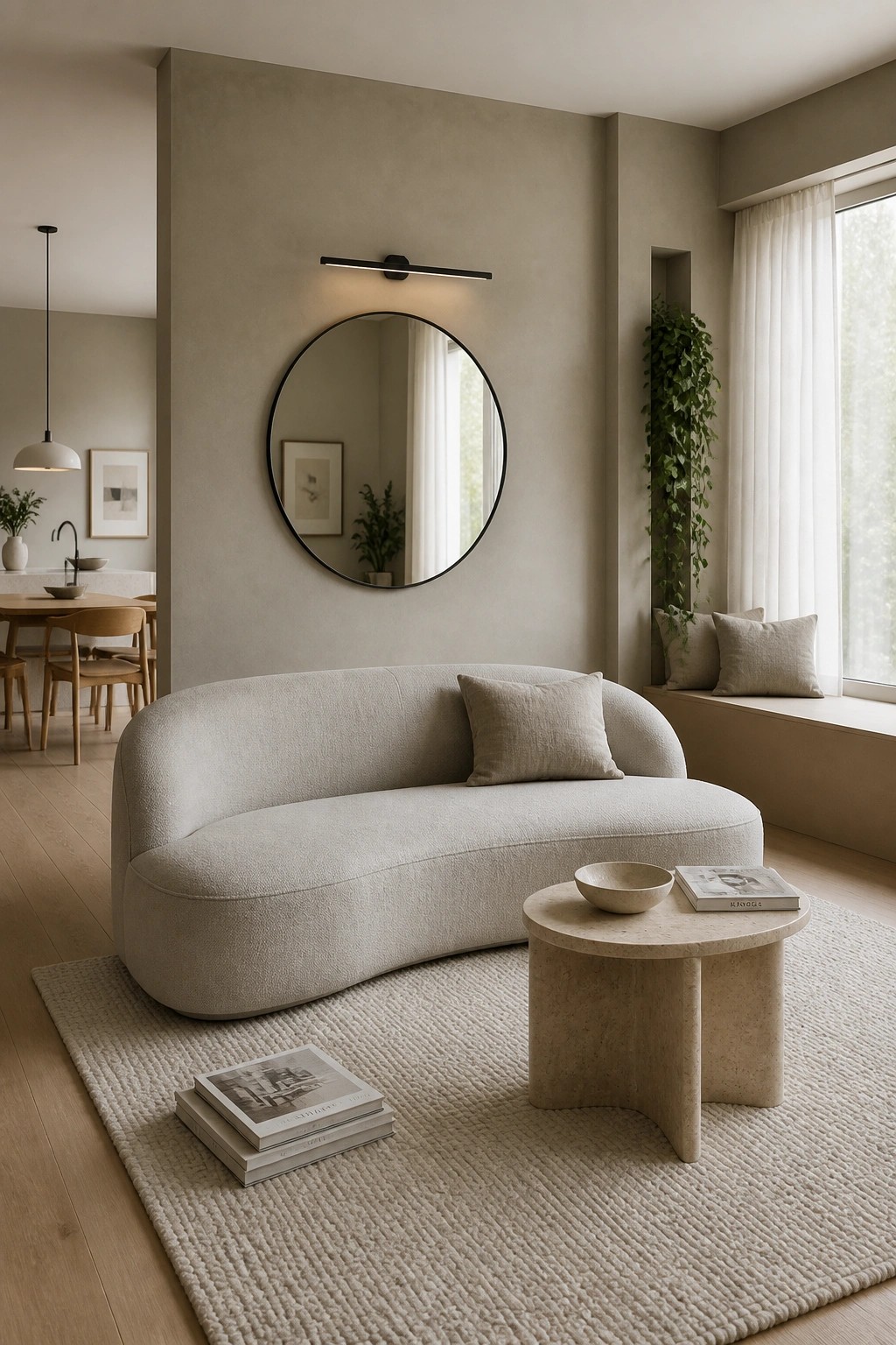 Curved beige sofa, round stone table, and circular mirror in minimalist room.