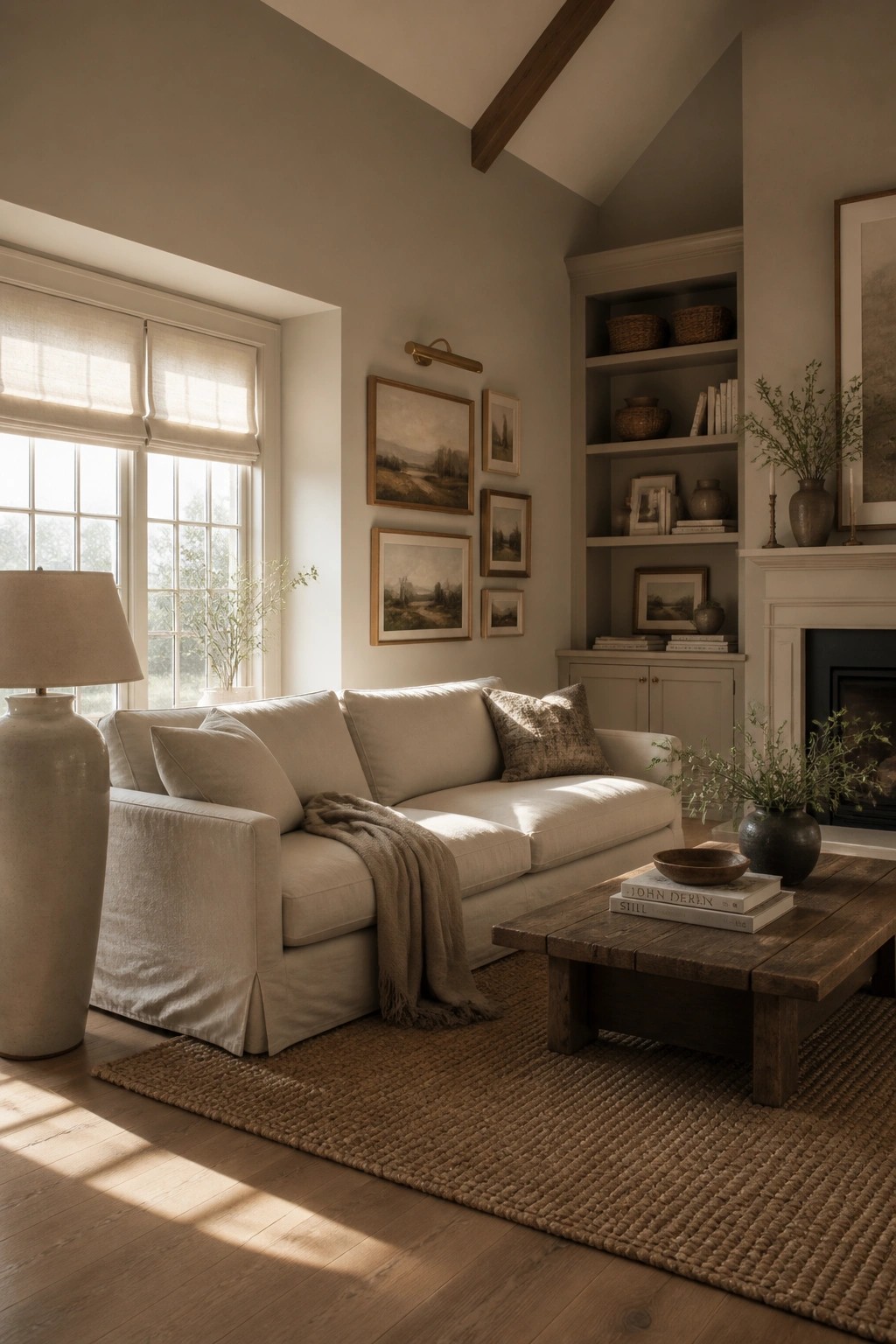 Living room walls painted in a soft warm greige.