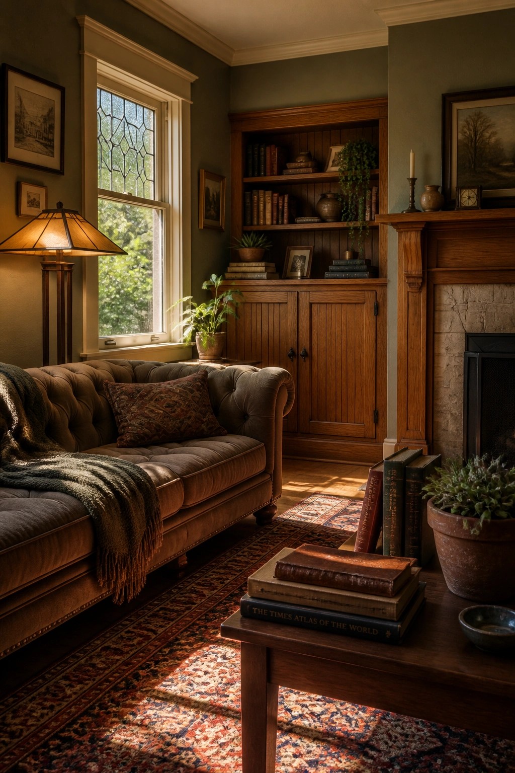 A living room with soft sage green walls and wooden built-ins.