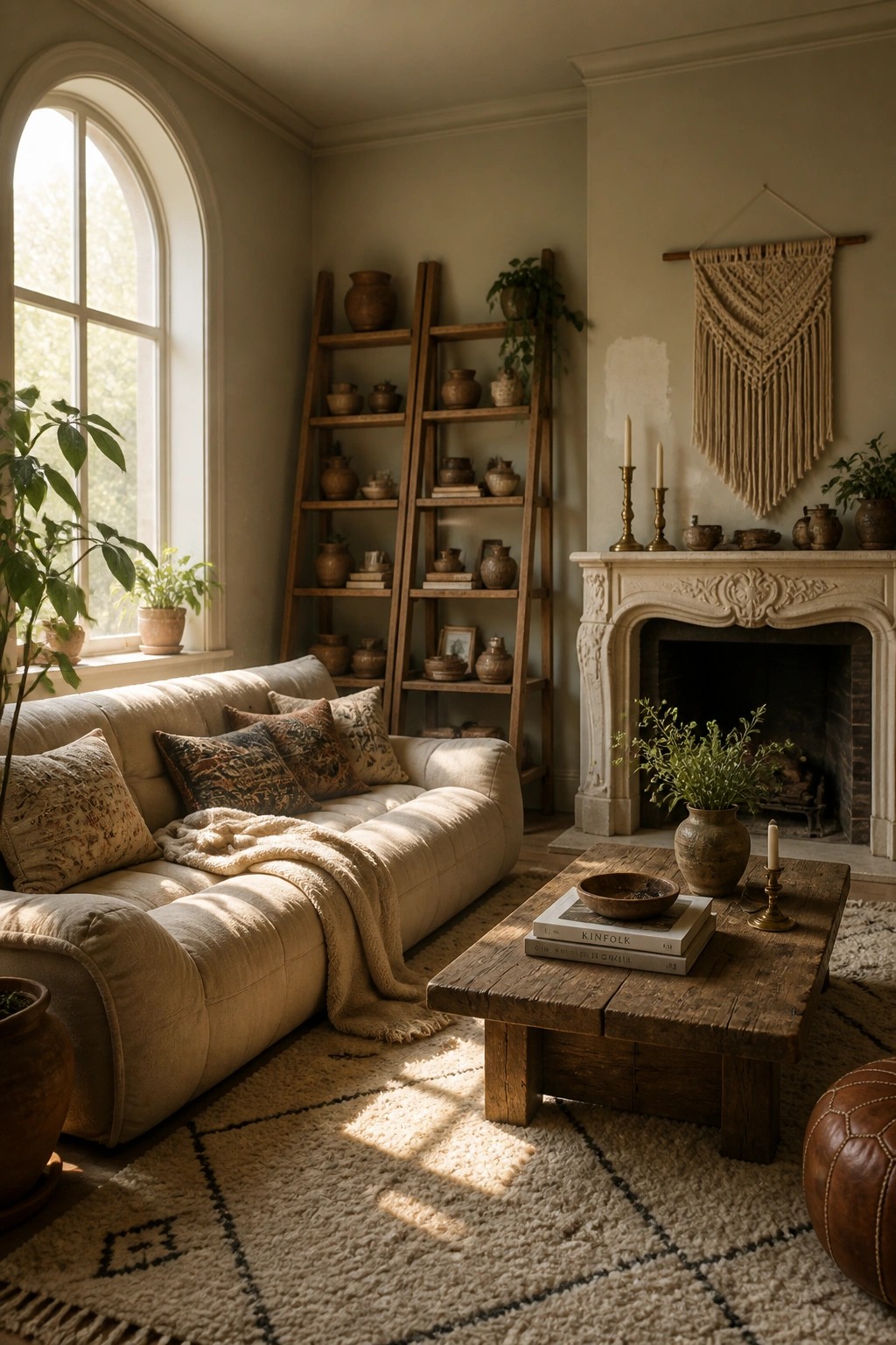 Living room walls painted in a soft warm greige with wooden shelves and a stone fireplace.