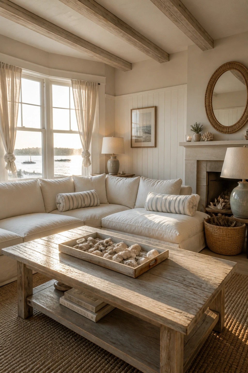 Cozy coastal living room with white sectional sofa, wooden coffee table, and water views