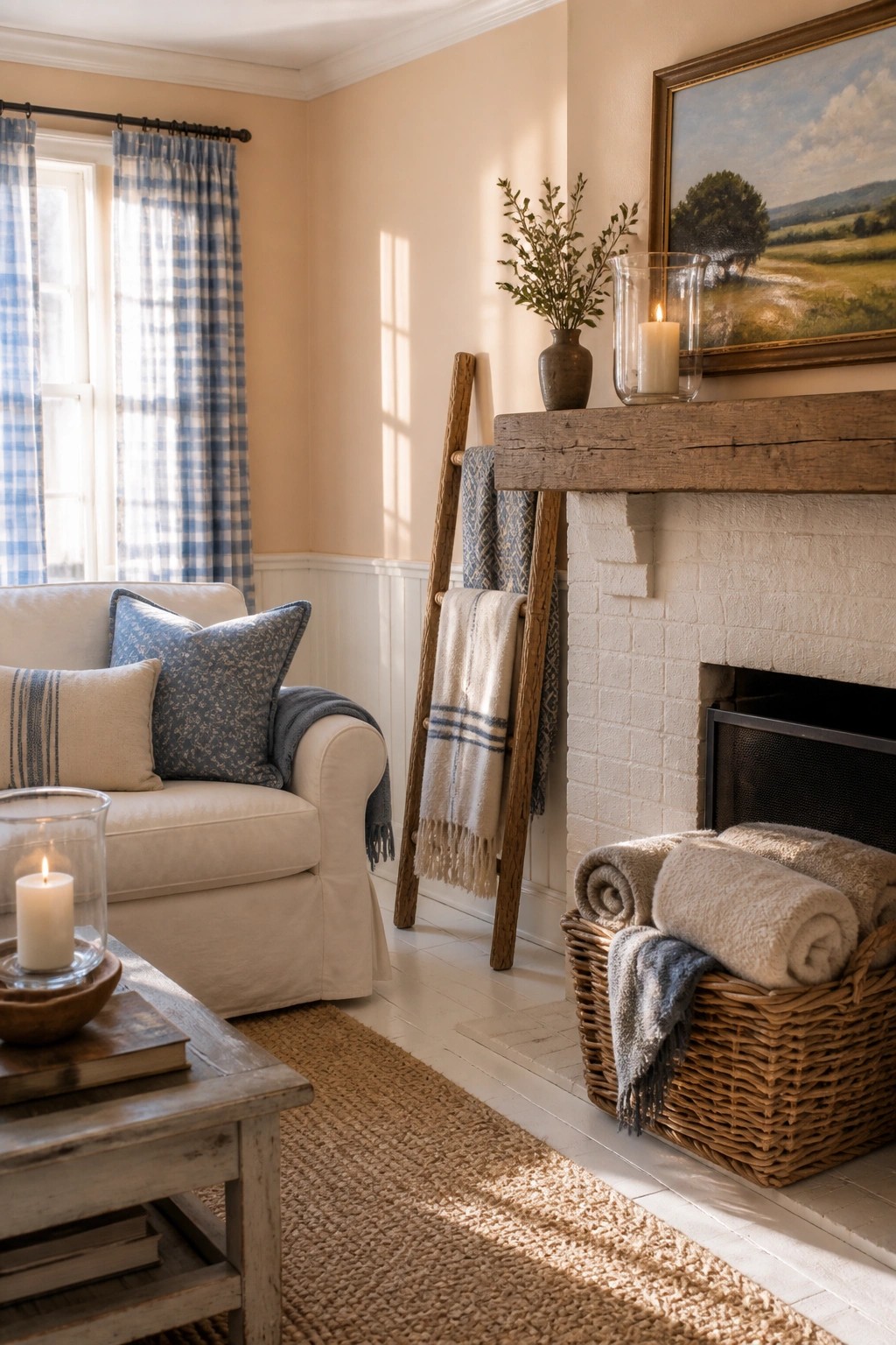 Living room walls painted in a soft warm beige beside white wainscoting and a brick fireplace.