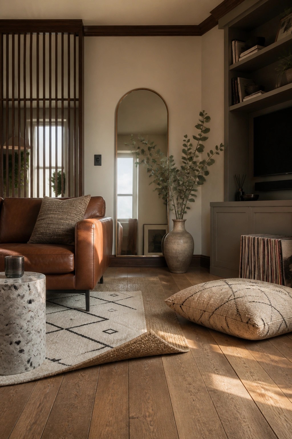 Cozy living room with brown leather sofa, arched mirror, and eucalyptus vase.