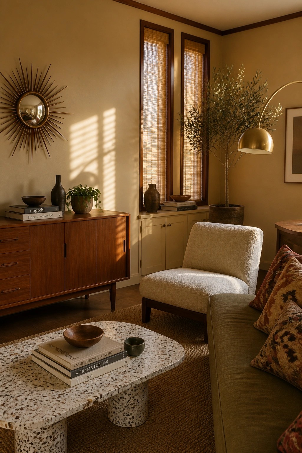 Living room walls painted in a soft warm beige.