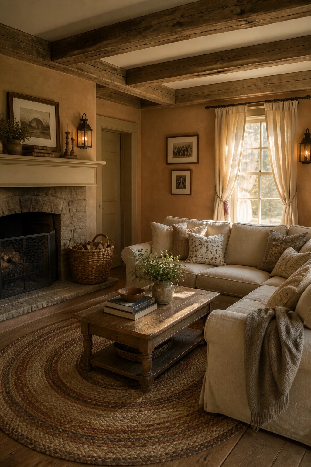 Living room walls painted in a warm clay beige next to wood beams and a stone fireplace.