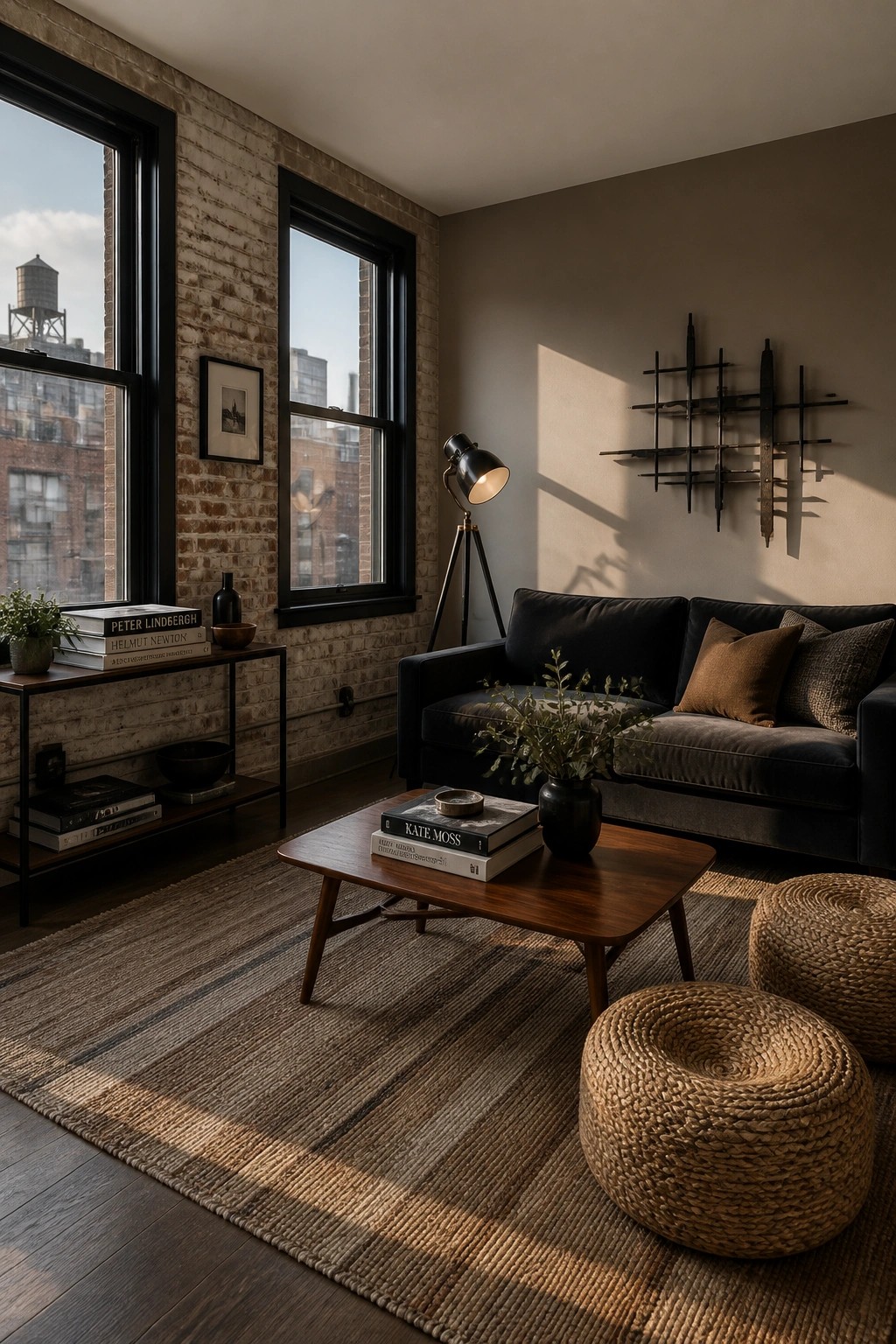 Cozy living room with black sofa, wooden coffee table, woven ottomans, and brick walls