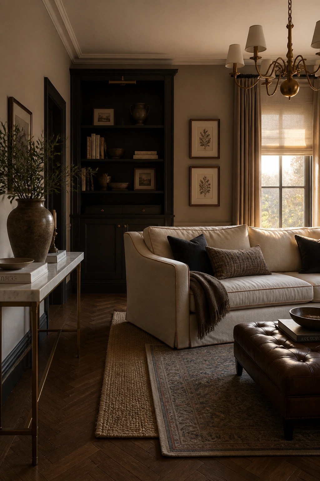 Living room walls painted in a warm greige neutral.