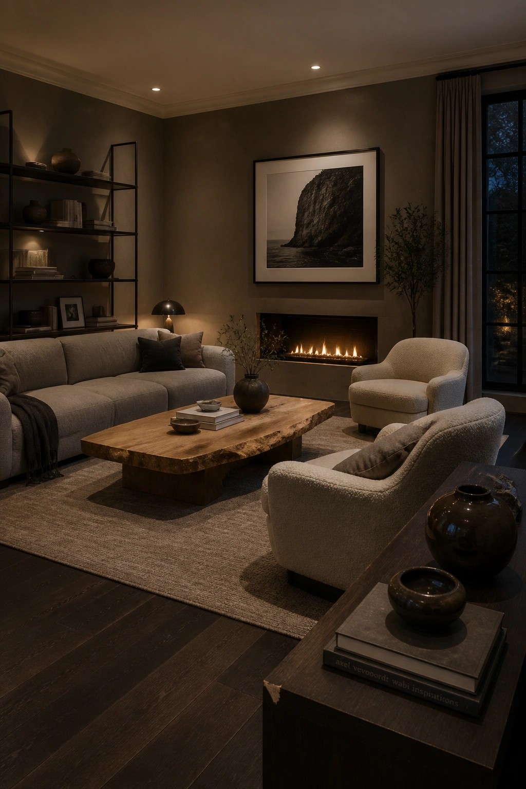 Living room walls painted in a warm greige neutral color.