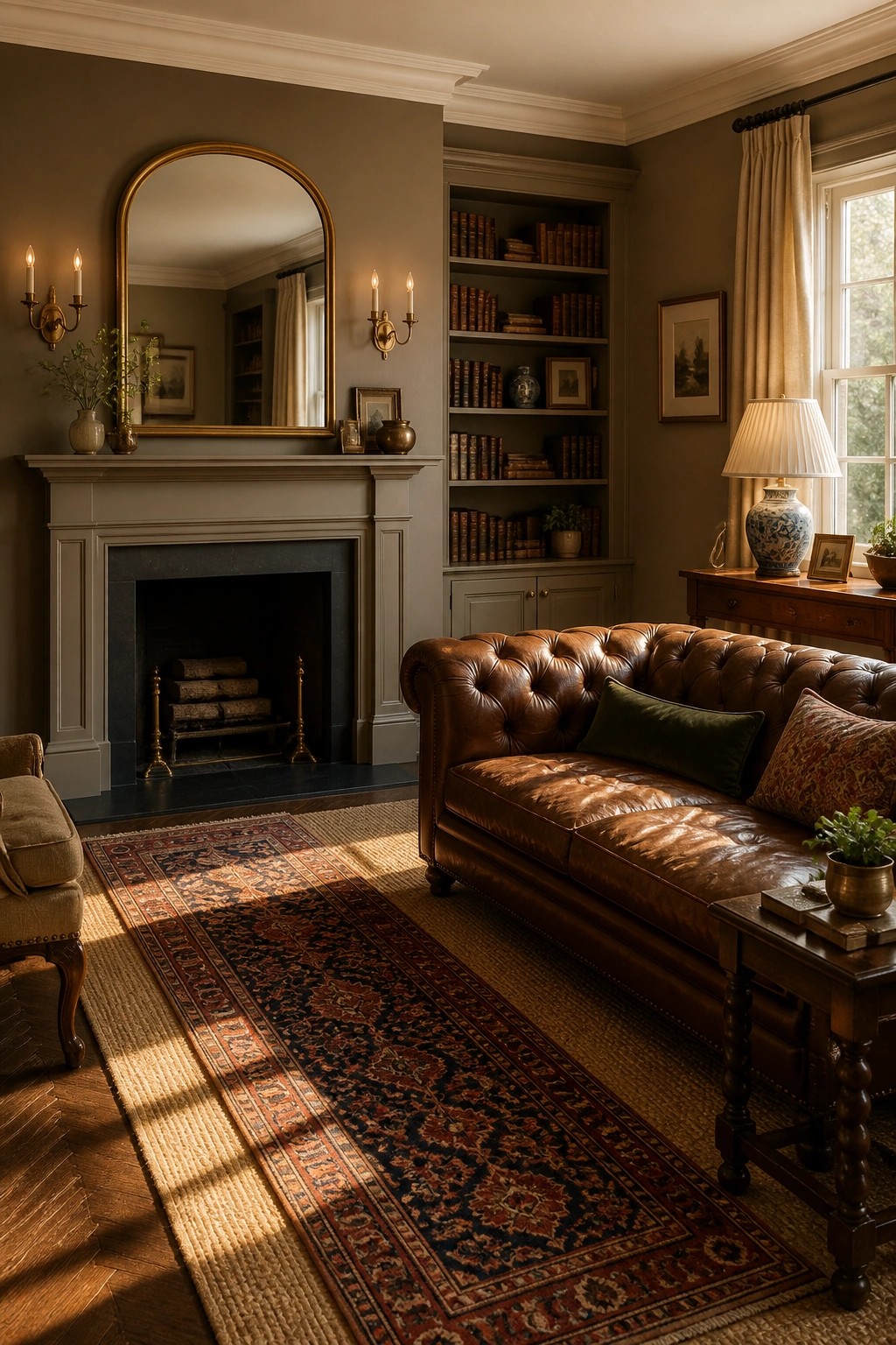 Living room with warm greige walls and a fireplace mantel.