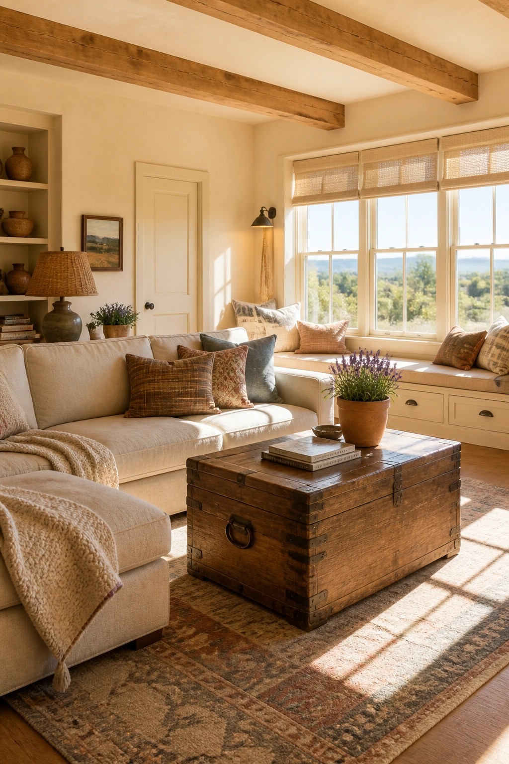 Cozy living room with beige sofa, wooden trunk table, and sunlit windows