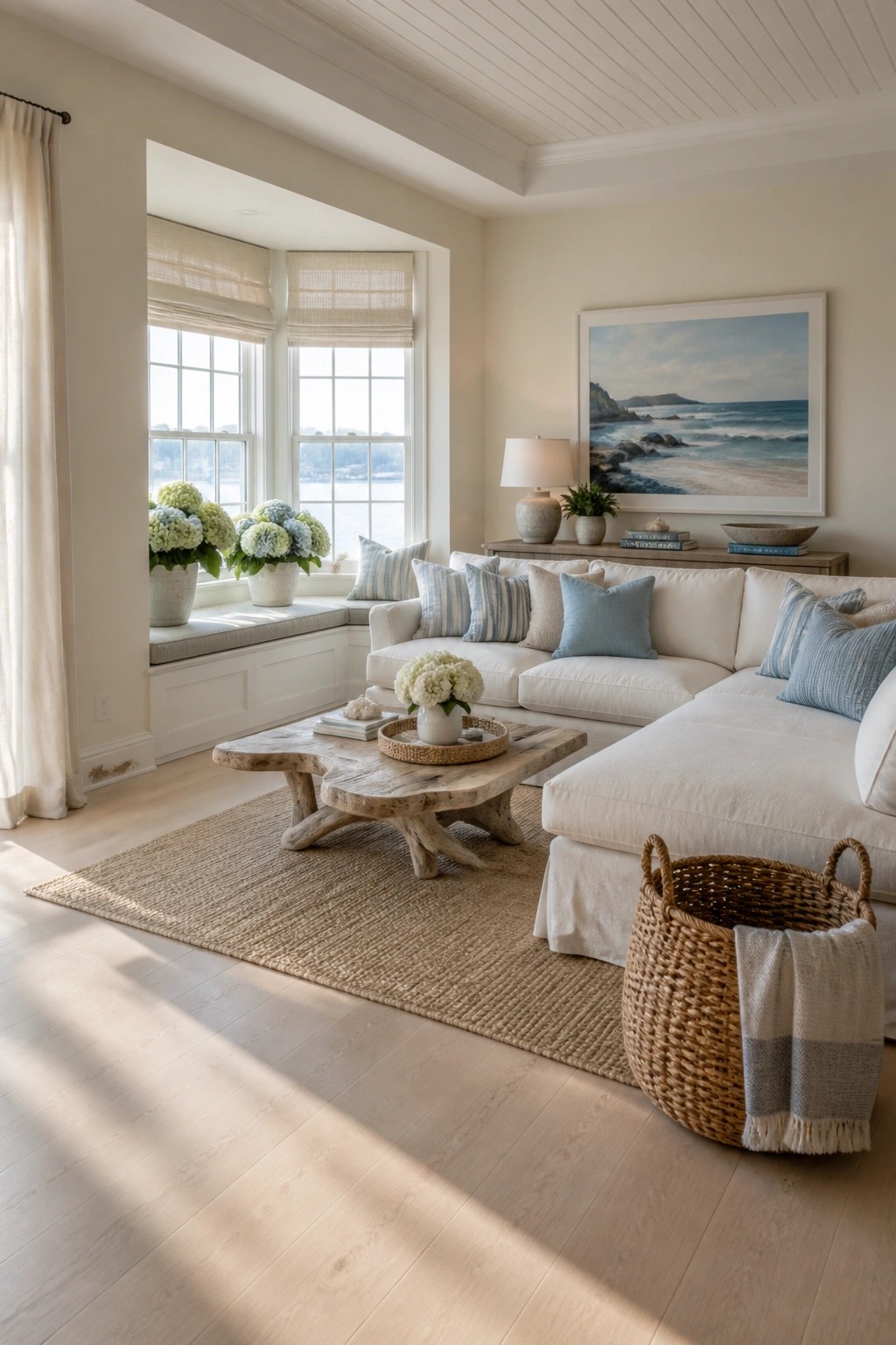 Living room walls painted in a warm off-white.