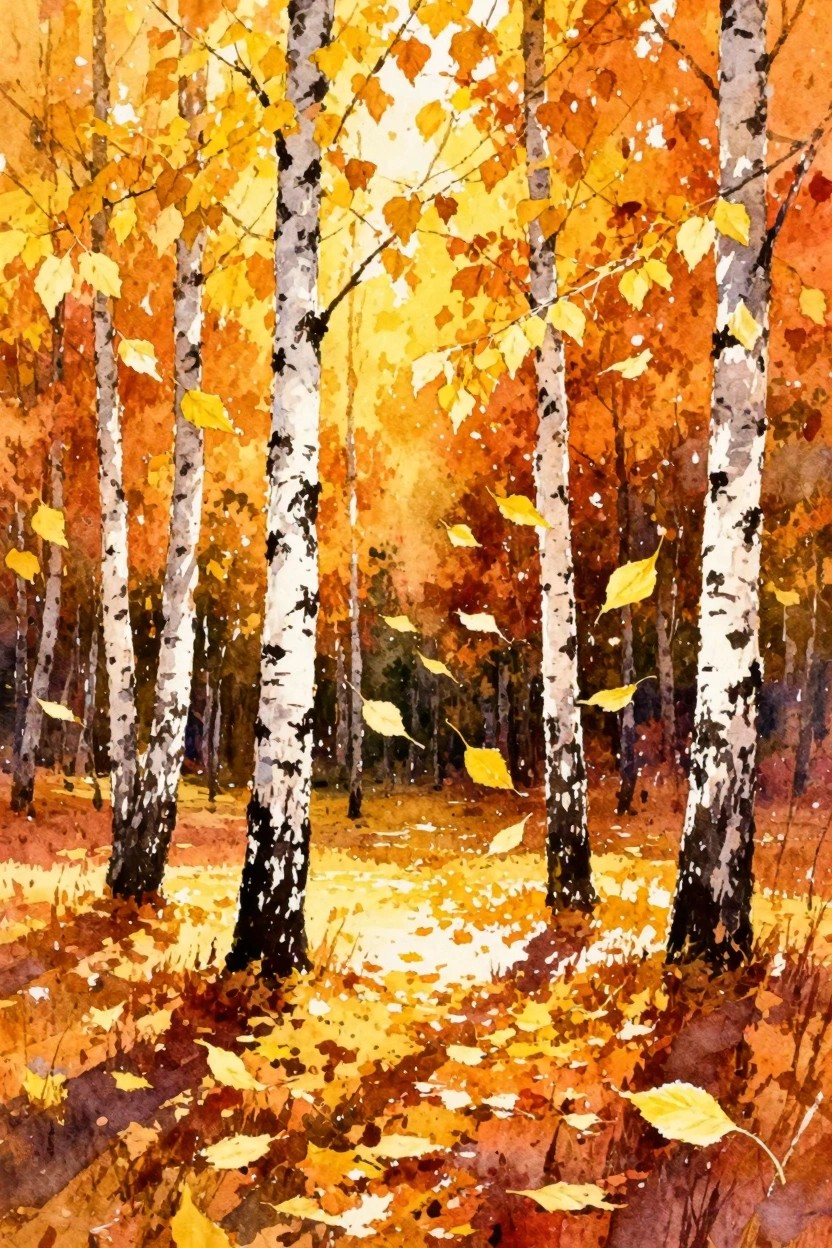 Watercolor of sunlit autumn birch forest with golden leaves falling on path.