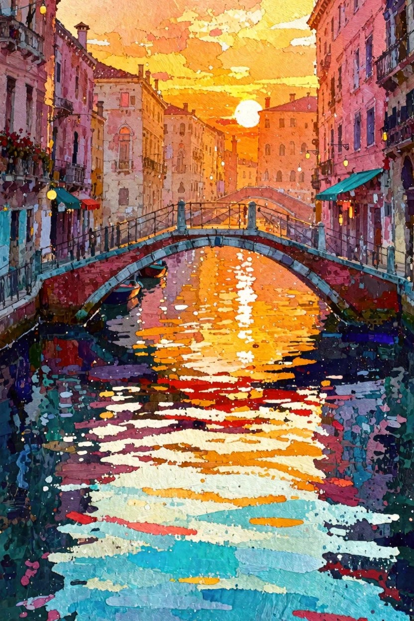 Vibrant sunset over Venetian canal with arched bridge and colorful water reflections