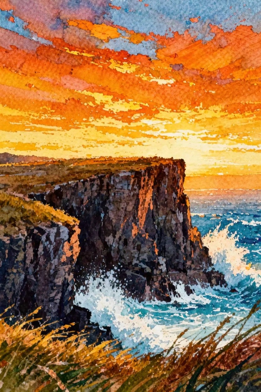 A watercolor painting of a dark rocky cliff at sunset with orange and yellow streaked skies, white waves crashing at the base, and dry grass in the foreground.