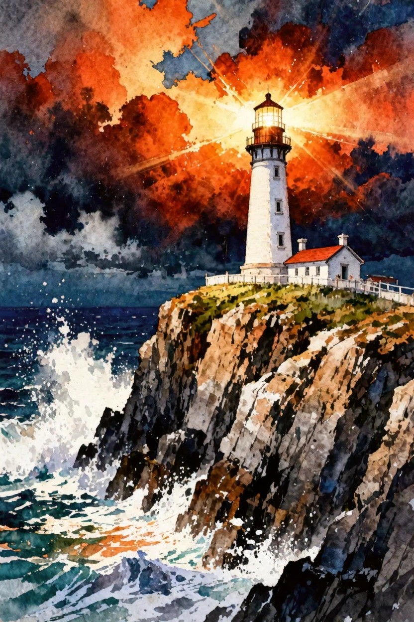Watercolor lighthouse on rocky cliff beaming light amid crashing waves and orange clouds