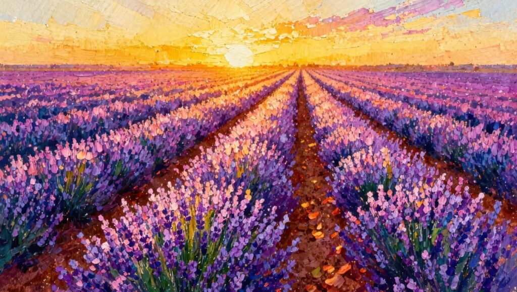 Sunlit lavender field with rows of purple flowers stretching toward a glowing sunset.