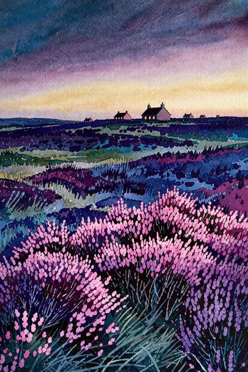 Watercolor of pink heather moorland at dusk with distant glowing cottages