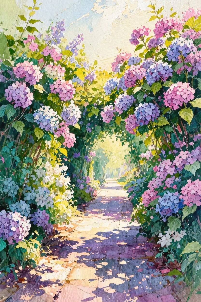 A stone pathway bordered by blooming hydrangeas in shades of pink, purple, and blue forming an arch overhead with sunlight casting shadows on the ground.