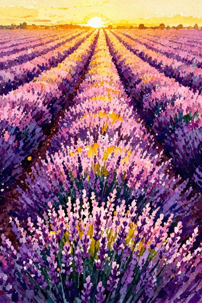 Sunlit lavender field with rows of purple flowers stretching toward a glowing sunset.