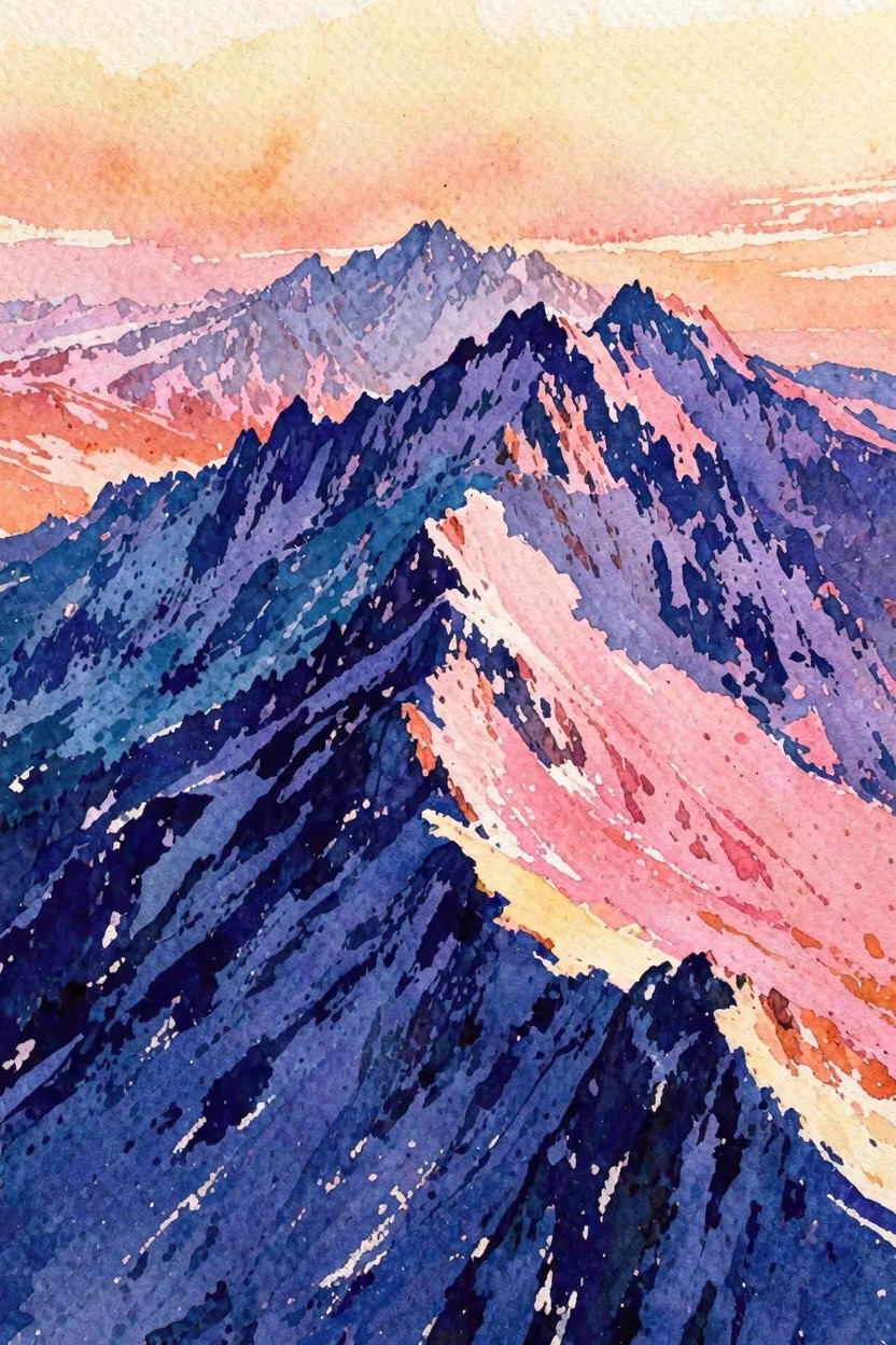 Jagged blue-purple mountains glow with pink-orange sunset hues in watercolor.