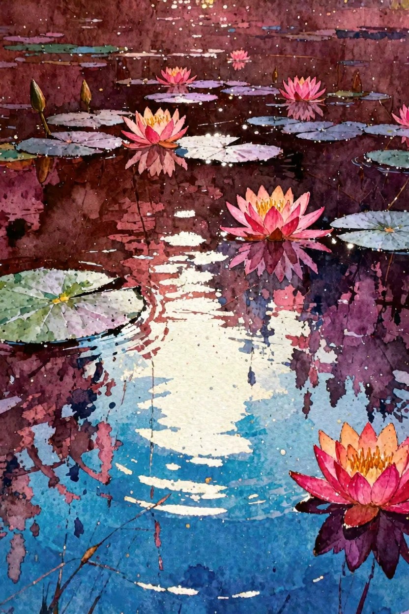 Pink water lilies reflected in shimmering blue and purple pond with lily pads.