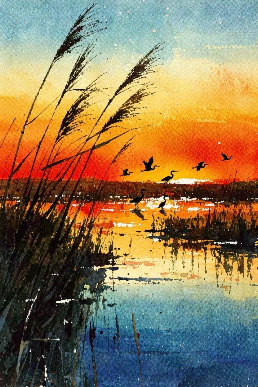 Watercolor sunset marsh with silhouetted birds flying over reflective water and tall reeds.