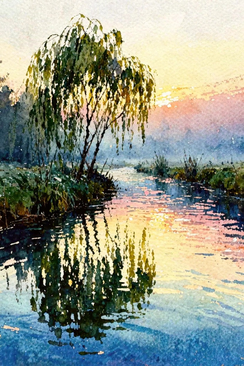 Watercolor of weeping willow tree reflecting in river at pink sunset