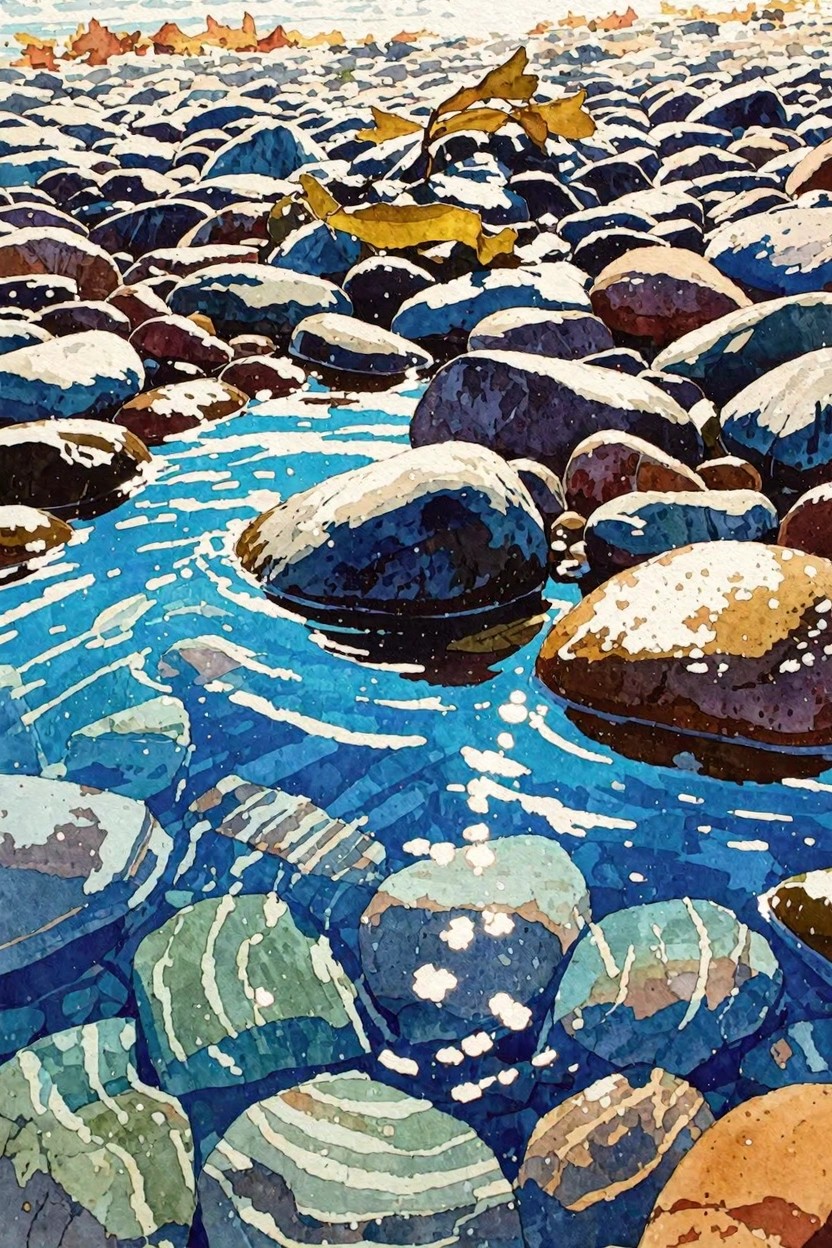 A watercolor painting of blue water flowing over rounded rocks in multiple colors with white highlights and a few brown leaves on top.