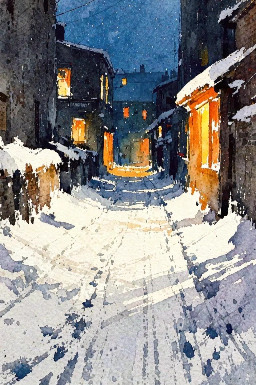 Watercolor of snowy narrow street at night between dark buildings with glowing windows