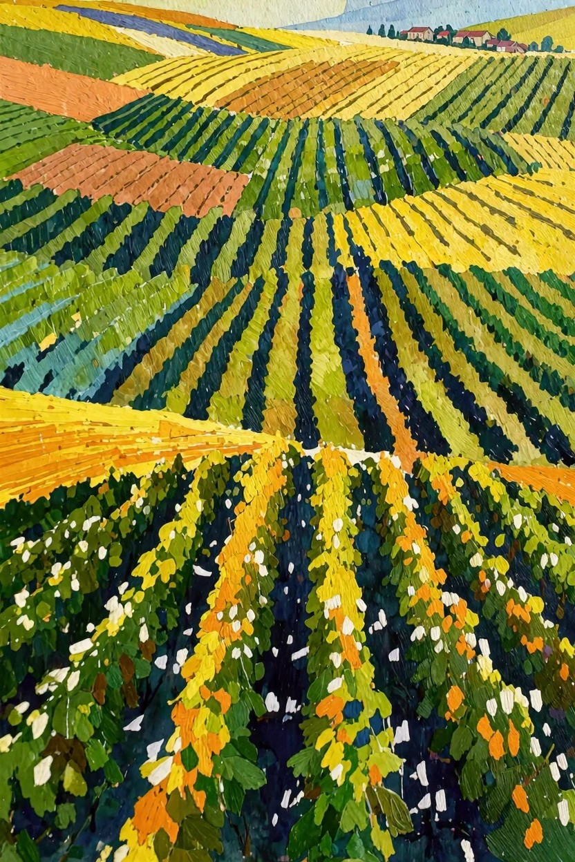 Rolling hills with vibrant striped fields in green, yellow, and orange hues