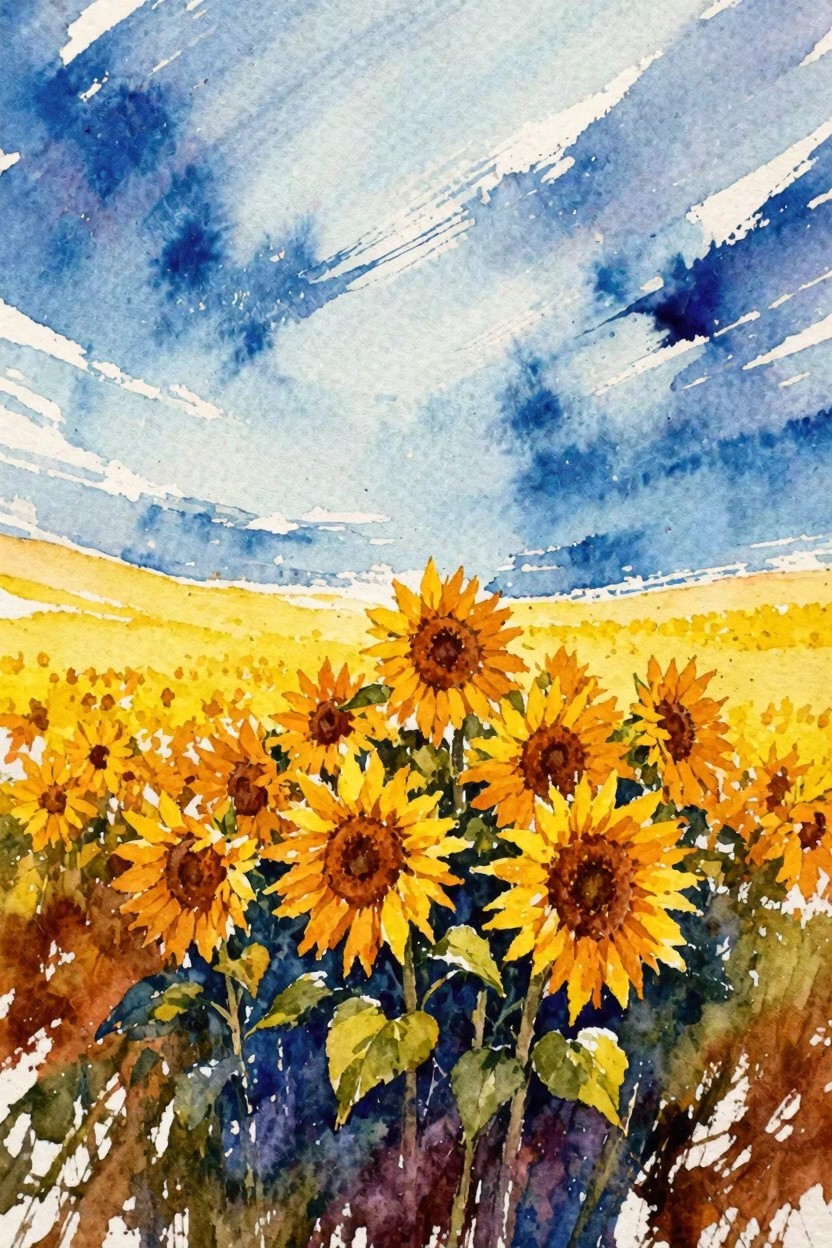 Watercolor sunflowers with yellow petals in a golden field under streaked blue sky